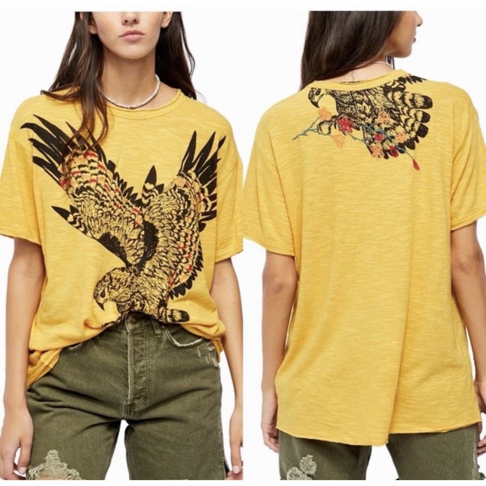 Free People Soak Up The Sun Yellow Eagle Embroidered Tee XS Boho Oversized